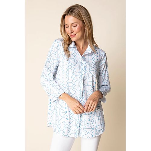 Perfect Travel Print Zip Pocket Shirt, Color: Dewdrop, Size: Small