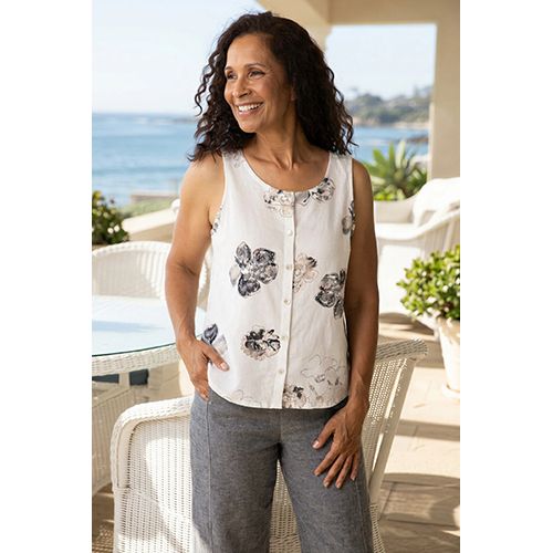 Habitat Linen Floral Print Pleat Back Button Women's Tank, Color: White, Size: XS