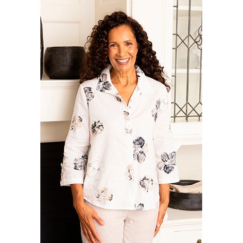 Habitat Linen Floral Print Retro Swing Women's Shirt, Color: White, Size: Small