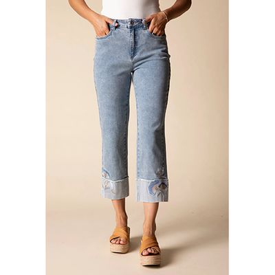 Stretch Denim Embroidered Cuff Capri