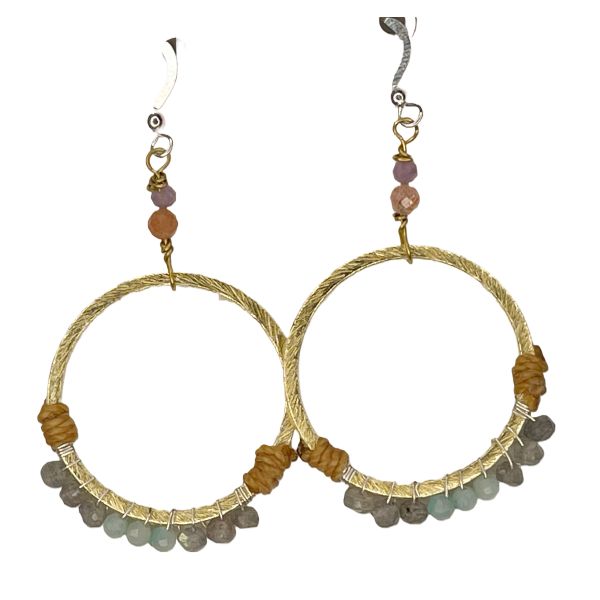 Silver Sparrow Hoops w/Labradorite and Chrysoprase Earring, Color: Brass