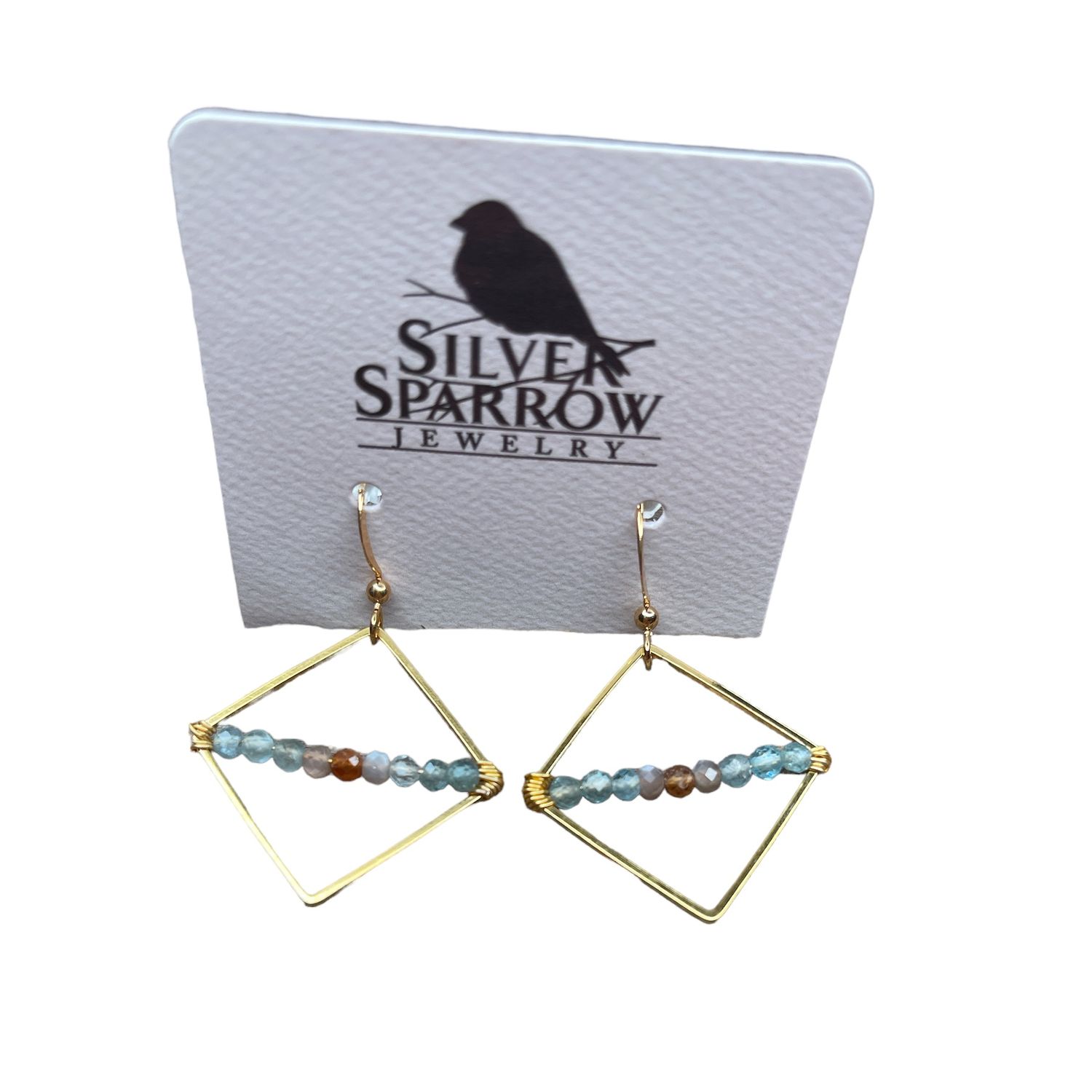 Silver Sparrow Rhombus with Apatite, Topaz and Chocolate Moonstone, Color: Brass