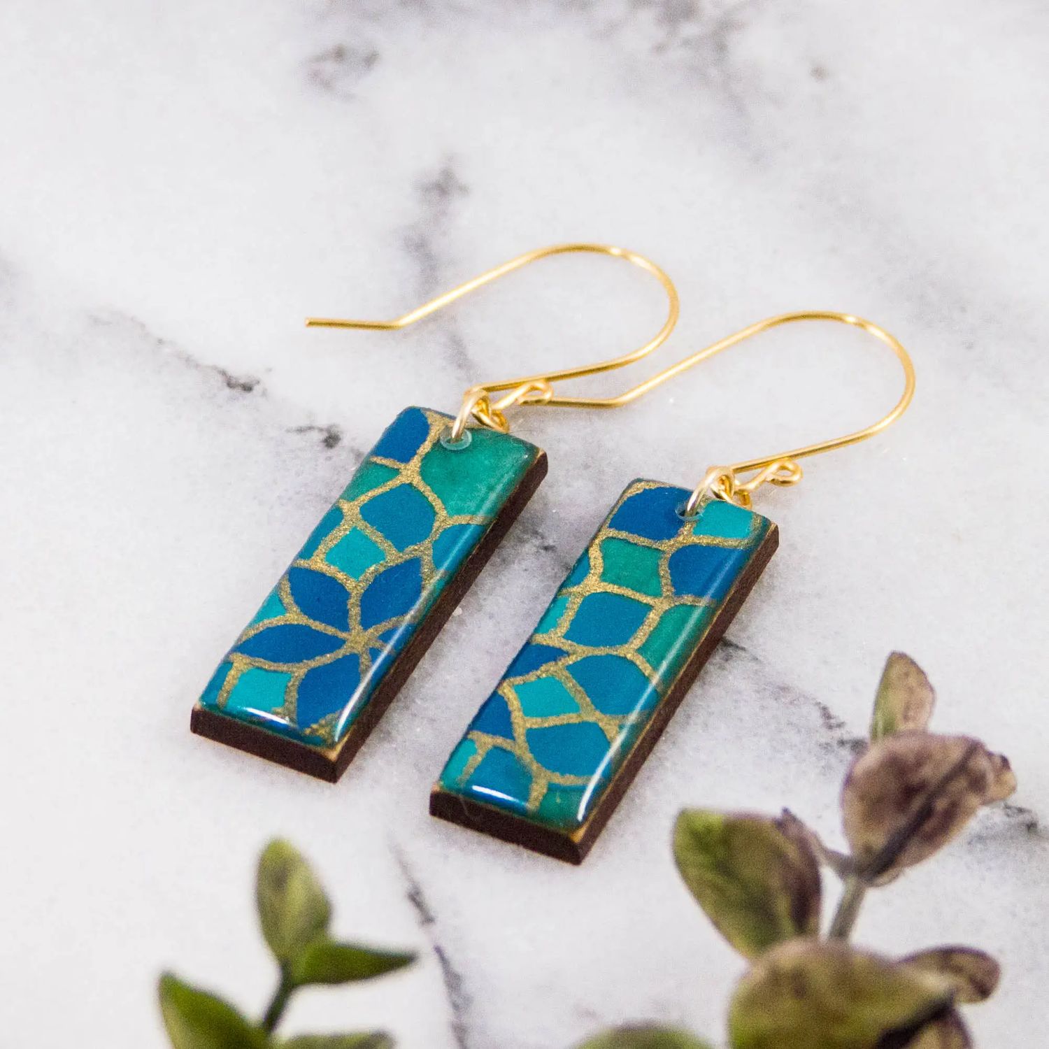 No Man's Land Turquoise Mosaic Rectangle Earrings, Color: Gold
