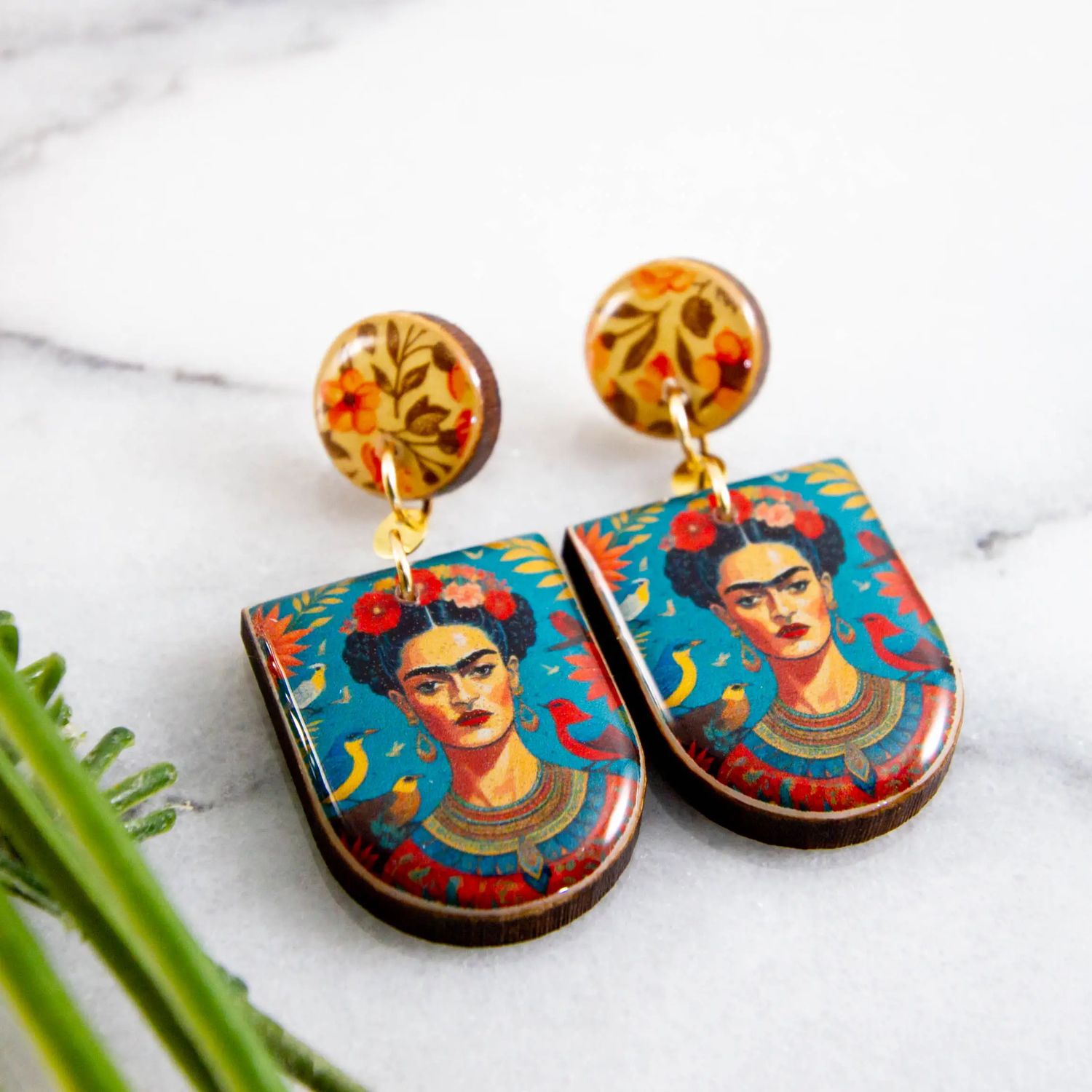 No Man's Land Bright Frida Kahlo Drop Post Earrings, Color: Gold