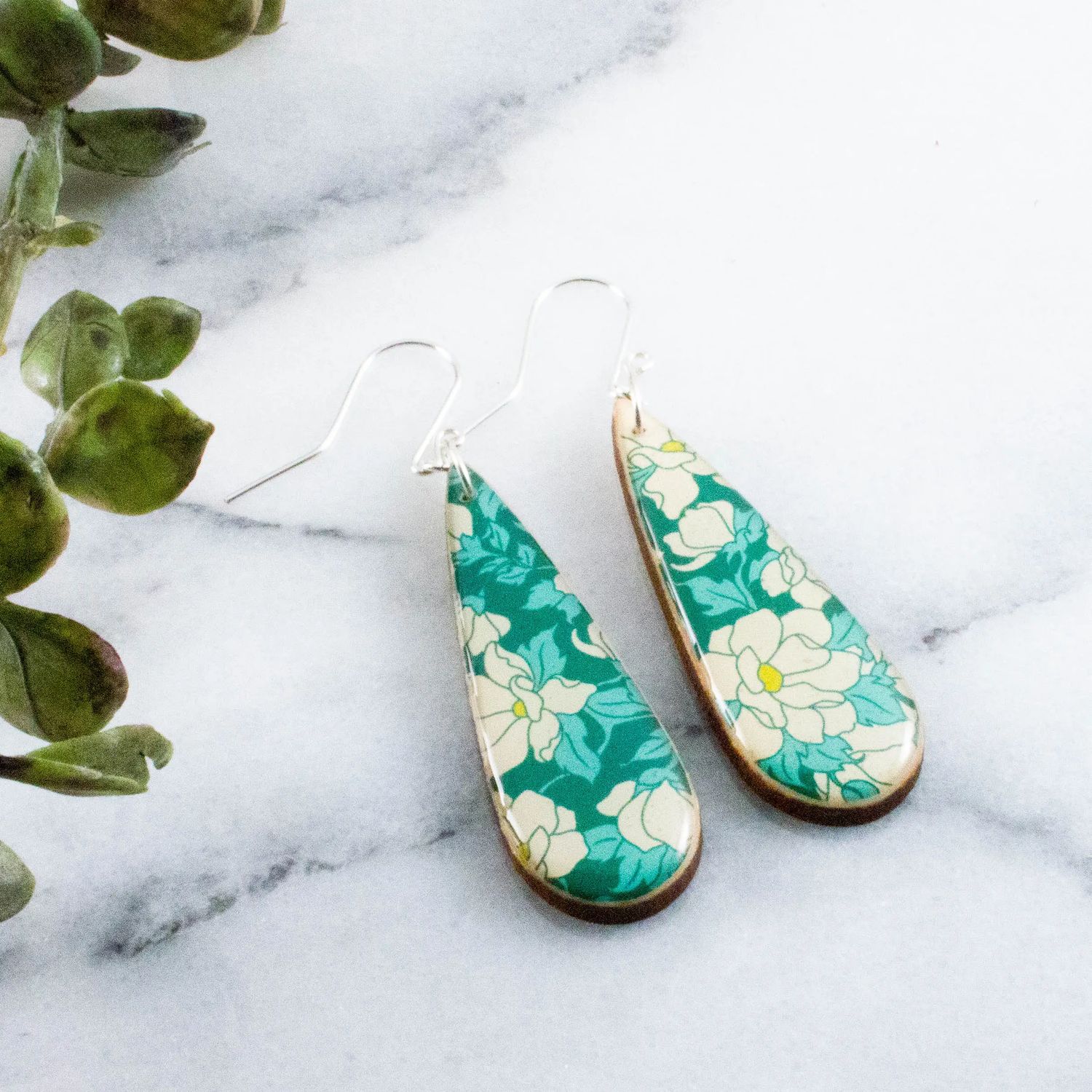 No Man's Land Teardrop Teal Dogwood Blossom Earrings, Color: Silver