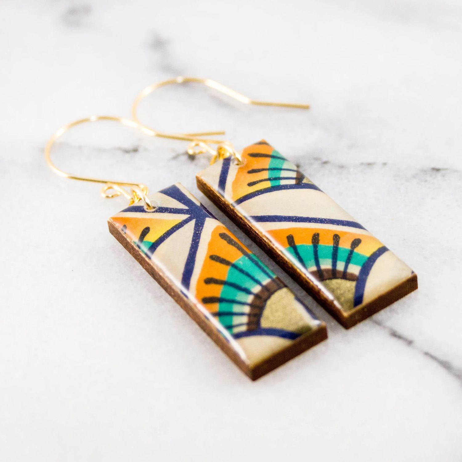 No Man's Land Orange + Aqua Retro Sun Rectangle Earrings, Color: Gold
