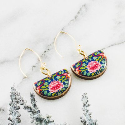 No Man's Land Blue Chinese Floral Half Circle Earring