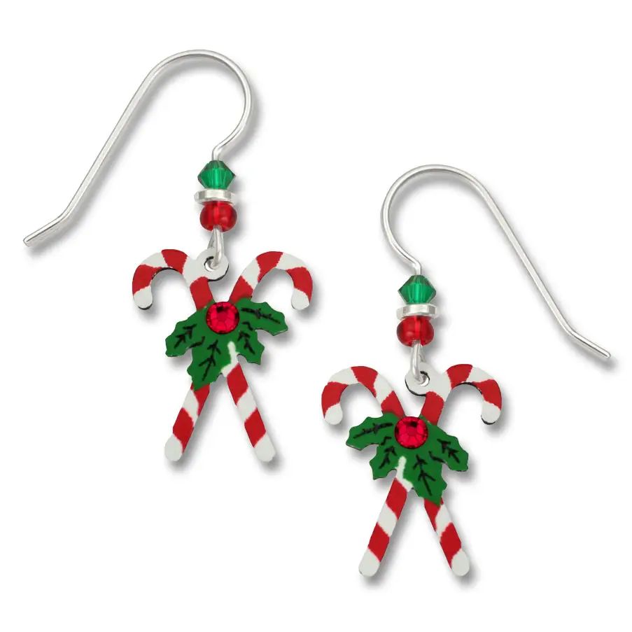 Xmas Crossed Candy Canes w/Holly1 Earrings, Color: Silver