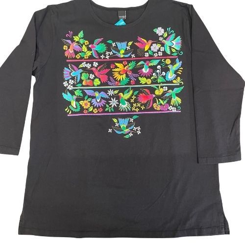 Sabaku Women's 3/4 Sleeve Top, Hummingbird Huipil, Color: Midnight, Size: XS