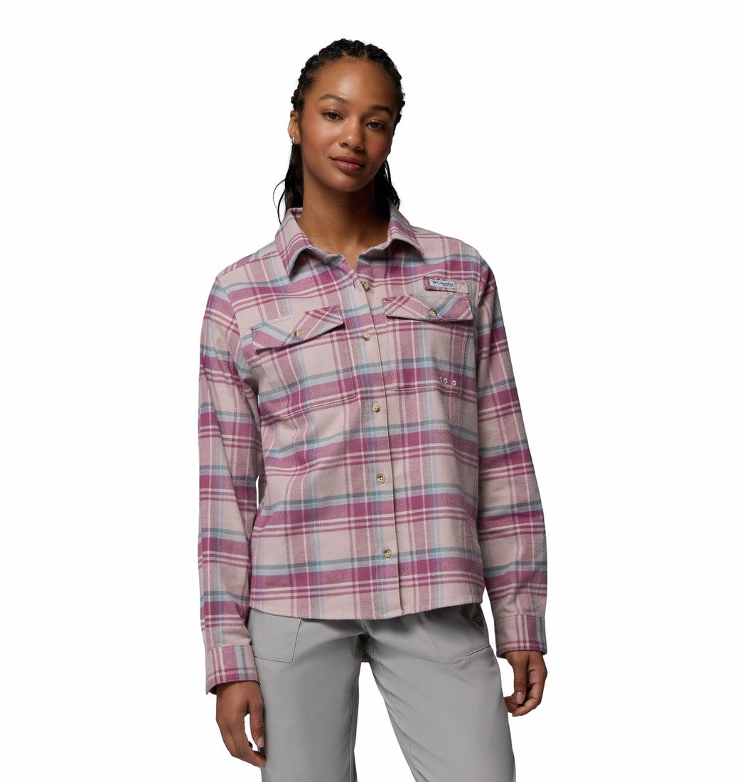 Columbia PFG Topwater Tech Flannel Long Sleeve Shirt, Women's, Color: Mauve Reel Plaid, Size: XS