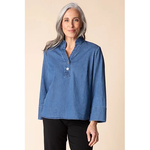Habitat Perfect Travel Denim Half Placket Pullover, Women's, Color: Medium Denim, Size: Small