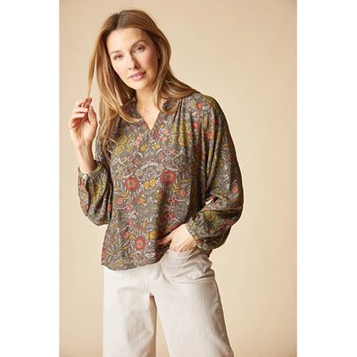 Habitat Rayon Crepe Garden Print Ruched Collar Shirt, Women's