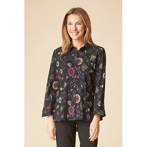 Habitat Crinkle Cotton Boho Floral Print Shaped Shirt, Women's, Color: Black, Size: Small