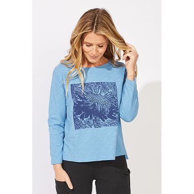 Escape Destination Boxy Tee, Woodblock Sunflower, Women's