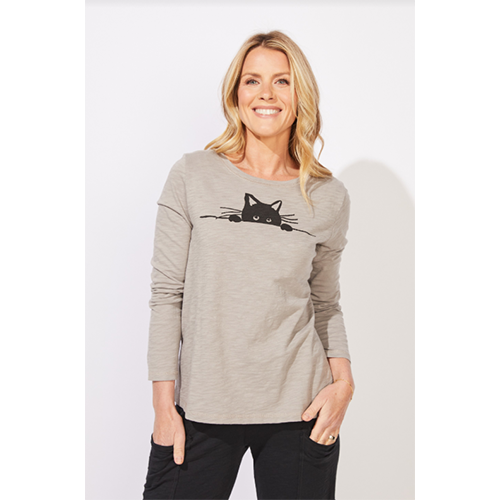 Escape Destination Crew Tee, Sneaky Cat, Women's, Color: Fog, Size: XS
