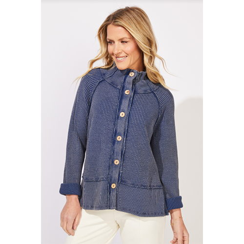 Escape Mixed Waffle Button Mock Neck Cardigan, Women's, Color: Med Wash, Size: Small