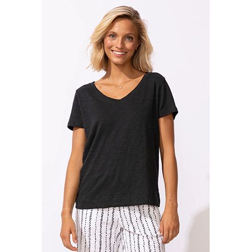 Cotton Slub V-Neck Tee, Color: Black, Size: XS