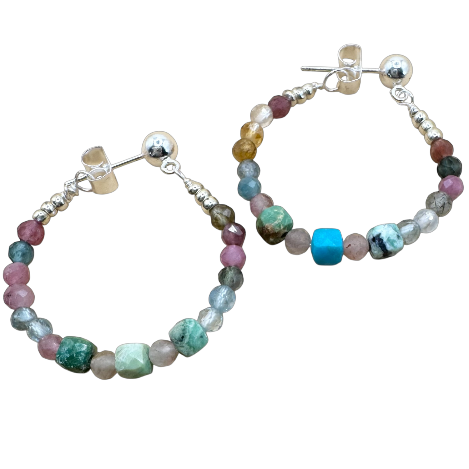 Ball Stud Tourmaline &amp; Turquoise Stones, Color: Silver