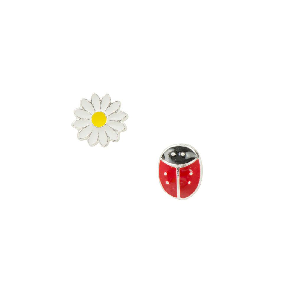 Ladybug &amp; Flower Silver/Enamel Post Earrings, Color: Silver
