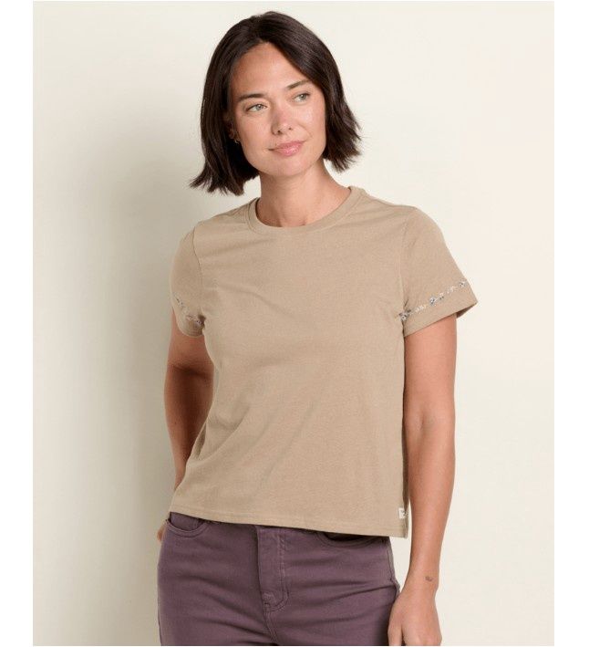 Toad&amp;Co Re-Form Embroidered Women's Crew Tee, Color: Khaki Embroidery, Size: Small