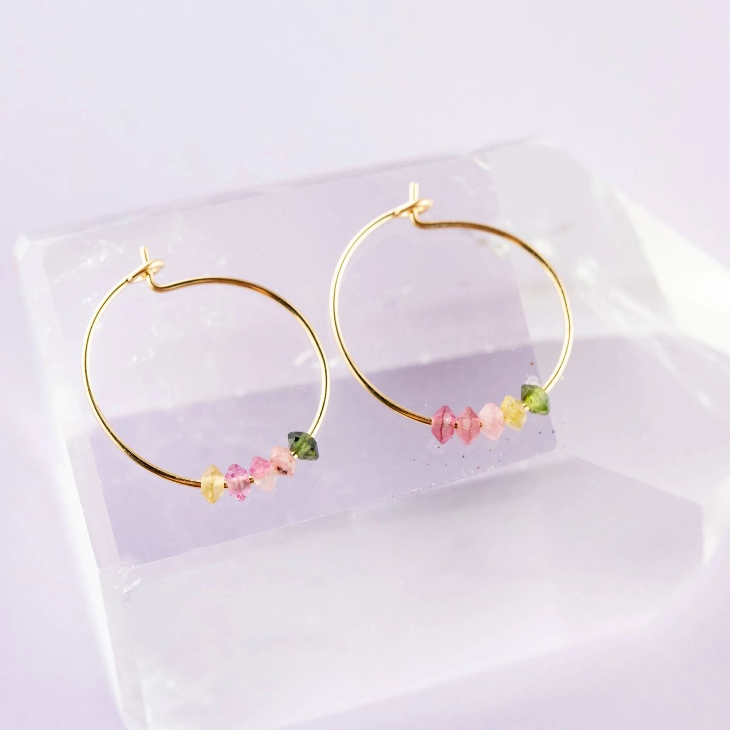 SoulKu Rainbow Tourmaline Gold Hoop Earrings for Happiness, Color: 14k Gold Filled, Size: 19mm Diameter