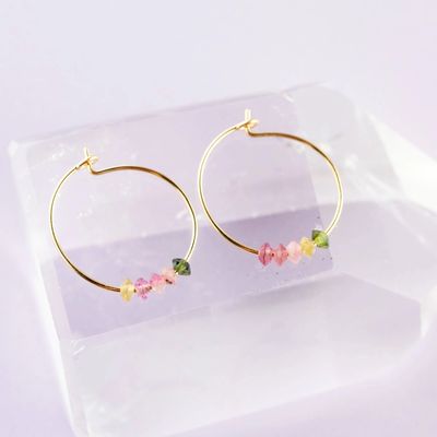 SoulKu Rainbow Tourmaline Gold Hoop Earrings for Happiness