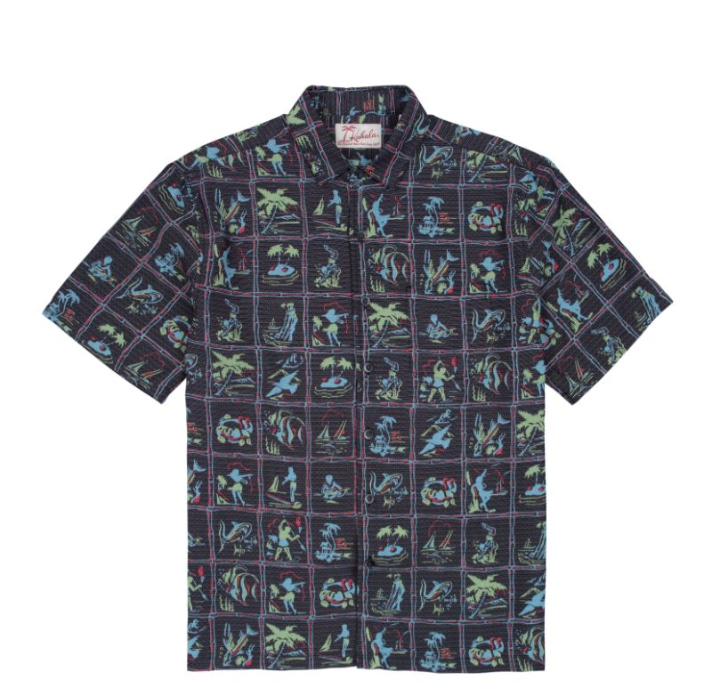 Kahala Island Scenes Polynosic Men's Short Sleeve Shirt, Color: Black, Size: Large