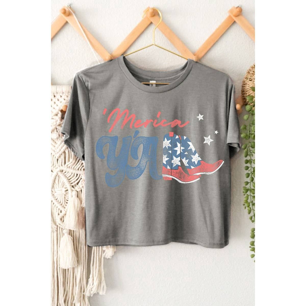HRTandLUV Merica Yall Graphic Women's Crop Tee Shirt, Color: Grey, Size: Small