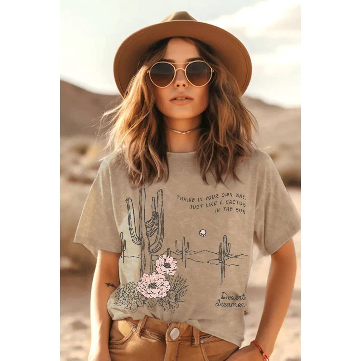 HRTandLUV Just Like a Cactus Graphic Women's Tee Shirt, Color: Mineral Taupe, Size: Small