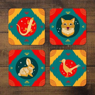 Squidly Designs Coaster Set - Desert Animals, Teal &amp; Red