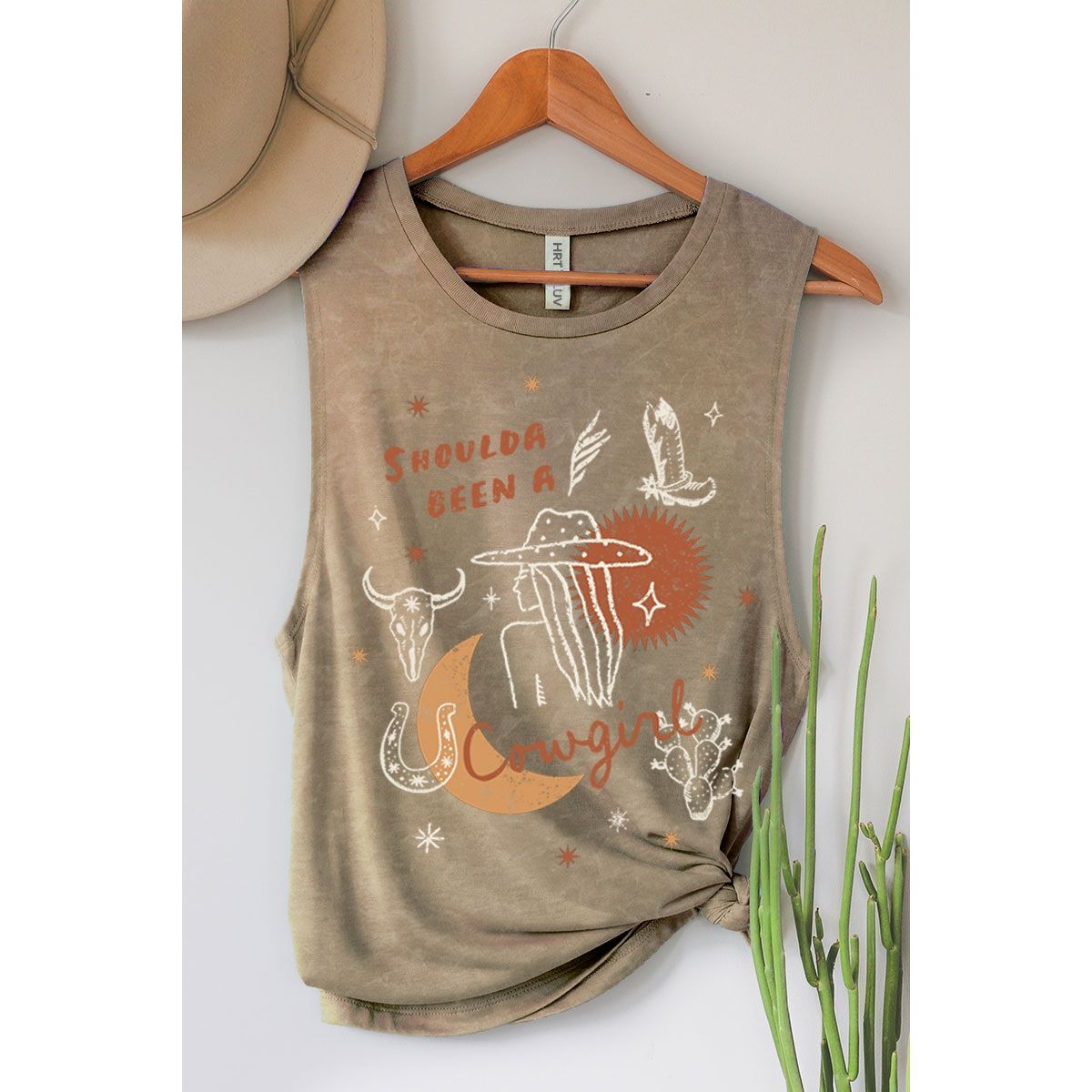 HRTandLUV Cowgirl Graphic Women's Tank, Color: Mineral Taupe, Size: Small