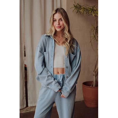 Washed Soft Cropped Button Up Women's Shirt