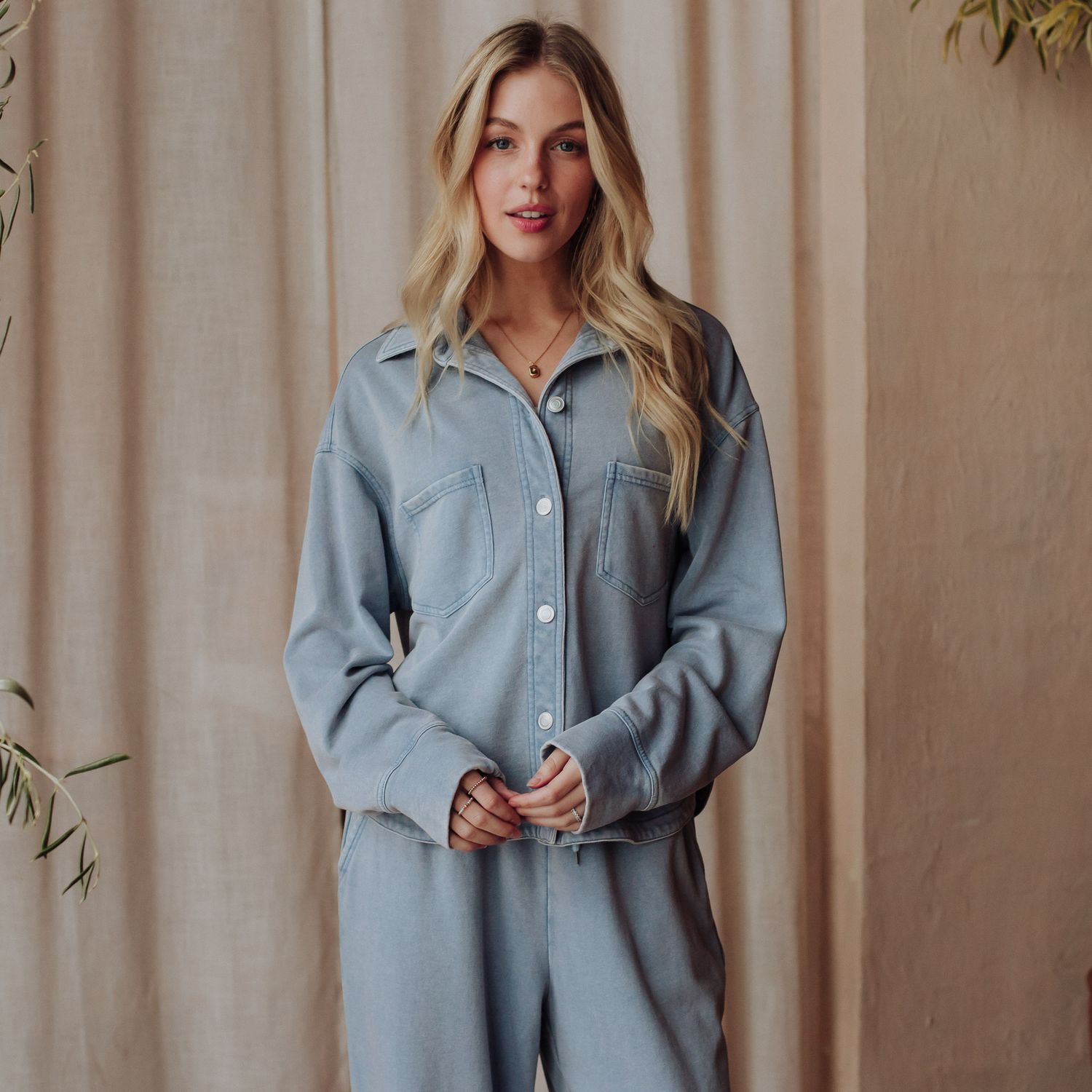 Washed Soft Cropped Button Up Women's Shirt, Color: Light Blue, Size: Small