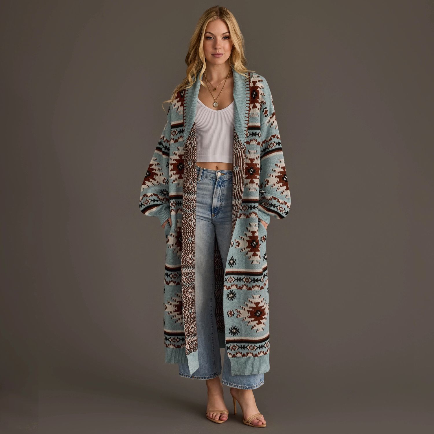Western Long Women's Cardigan, Color: Light Blue/Rust/White/Black, Size: Small