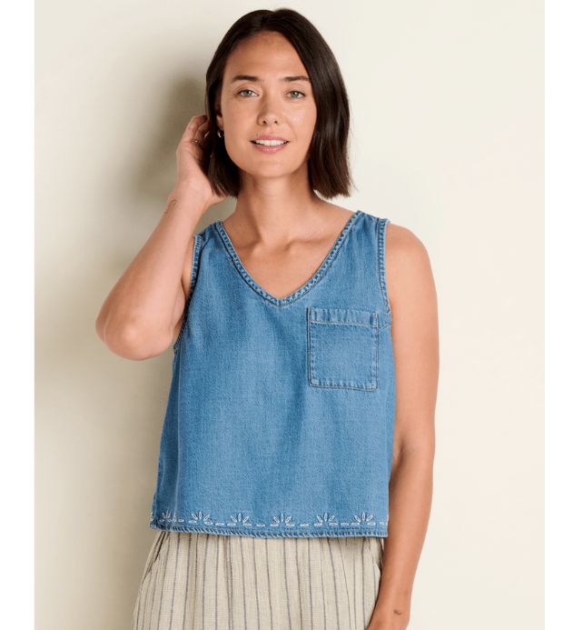 Toad&amp;Co Pinon Soft Denim Button Back Women's Tank, Color: Bar Harbor Embroidery, Size: XS