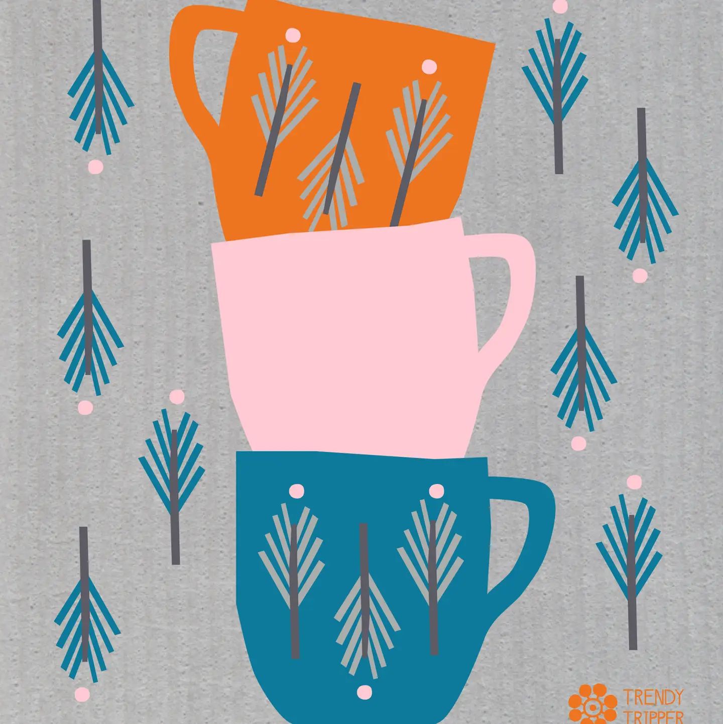 Retro Cups - Orange/Pink/Cobalt on Grey Swedish Dishcloth