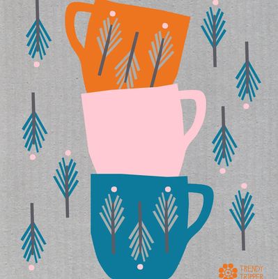 Retro Cups - Orange/Pink/Cobalt on Grey Swedish Dishcloth