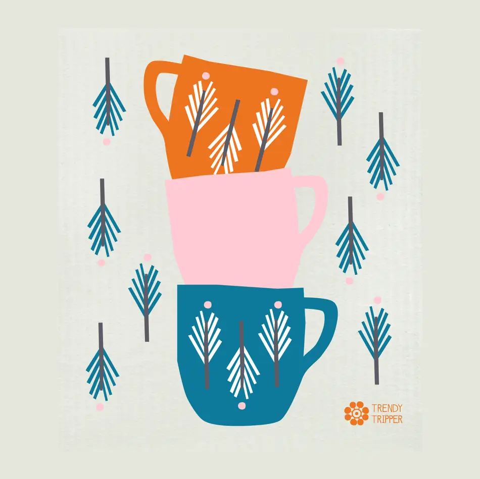 Retro Cups -Orange/Pink/Cobalt on Natural Swedish Dishcloth