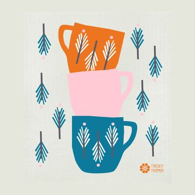 Retro Cups -Orange/Pink/Cobalt on Natural Swedish Dishcloth