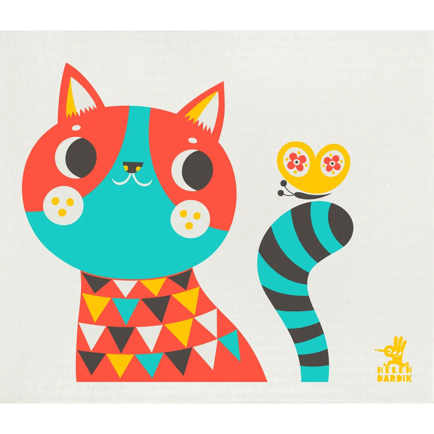 Helen Dardik Cat - Red/Turquoise on Natural Swedish Dishcloth