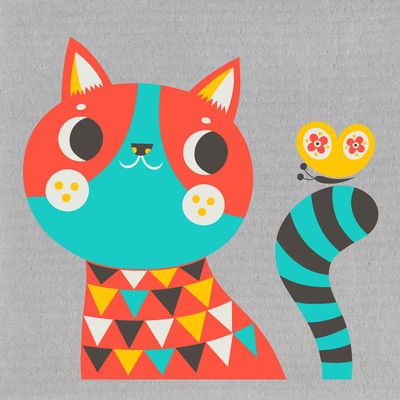 Helen Dardik Cat - Red/Turquoise on Grey Swedish Dishcloth