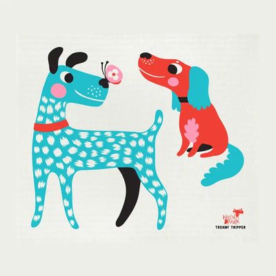 Helen Dardik Dogs - Turquoise/Red on Natural Swedish Dishcloth