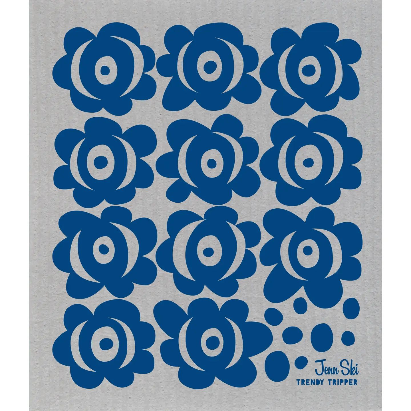Jenn Ski Blommor Flowers - Navy on Grey Swedish Dishcloth
