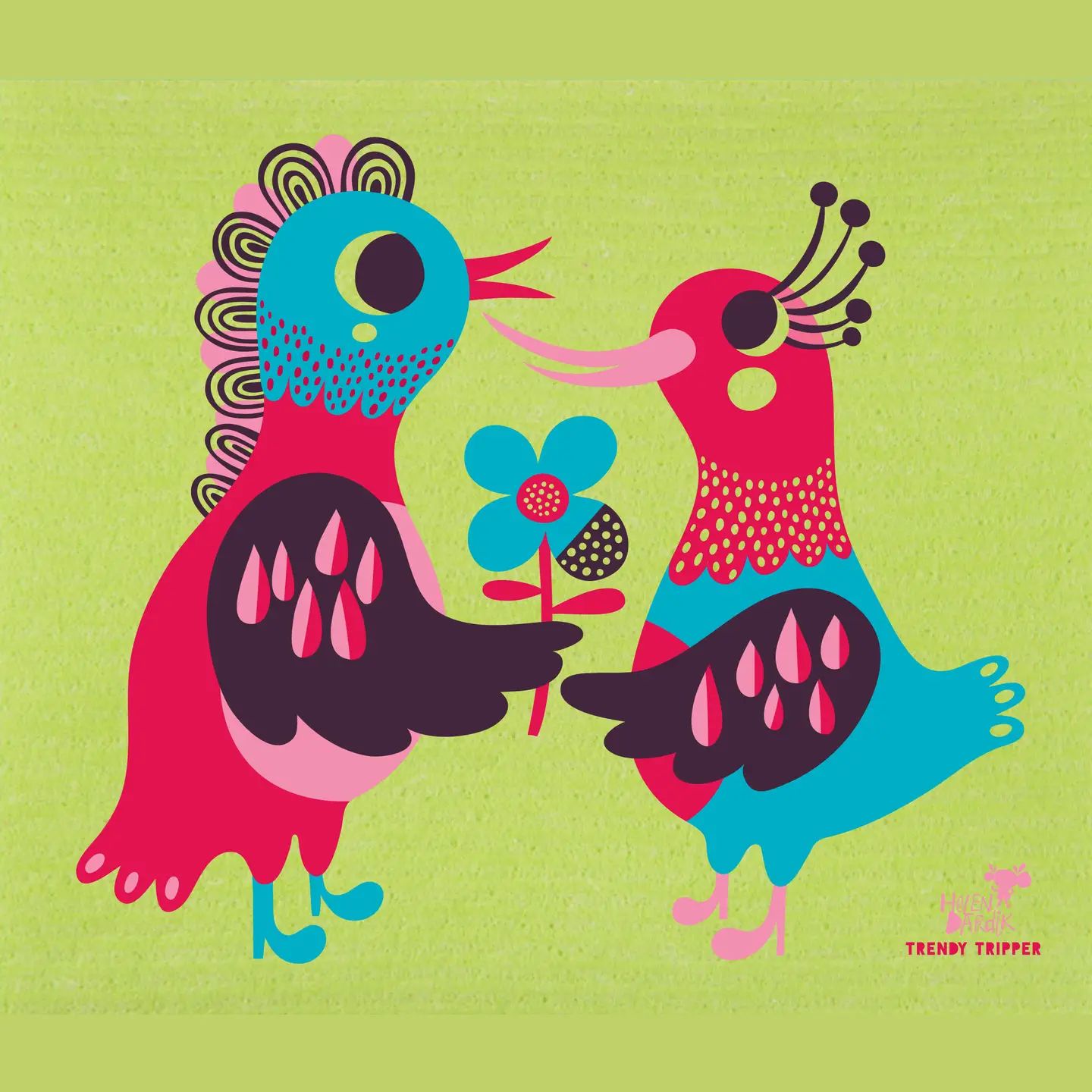 Helen Dardik Love Birds on Apple Swedish Dishcloth