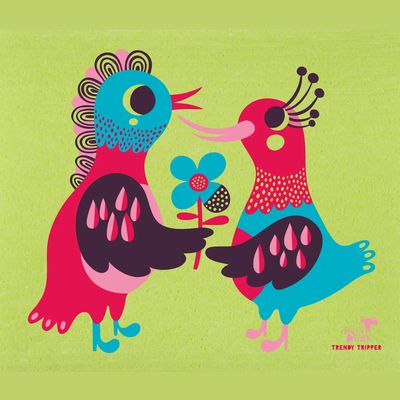 Helen Dardik Love Birds on Apple Swedish Dishcloth