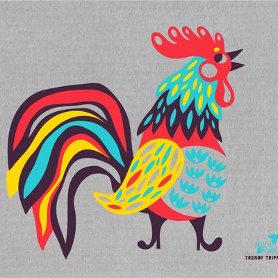 Helen Dardik Fancy Rooster on Grey Swedish Dishcloth