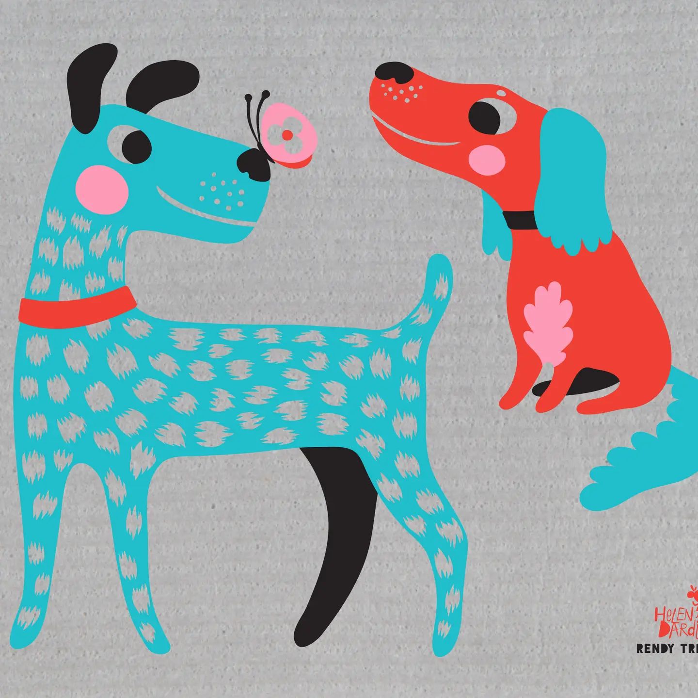 Helen Dardik Dogs - Turquoise/Red on Grey Swedish Dishcloth