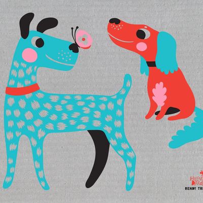Helen Dardik Dogs - Turquoise/Red on Grey Swedish Dishcloth