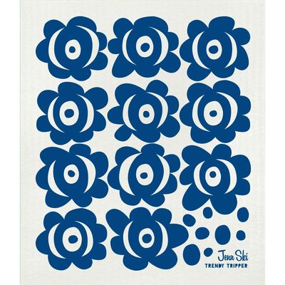 Jenn Ski Blommor Flowers - Navy on Natural Swedish Dishcloth