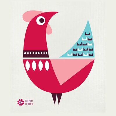 Rooster Modern - Red/Pink/Turquoise on Natural Swedish Dishcloth